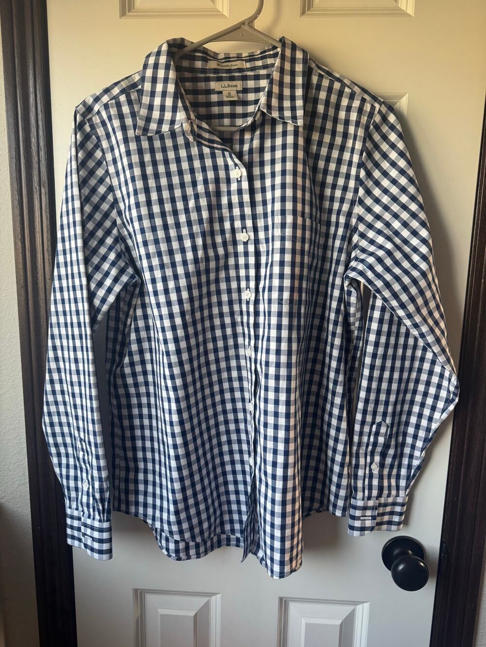 L.L. Bean Wrinkles Free Gingham Button-Down Shirt Medium Blue White